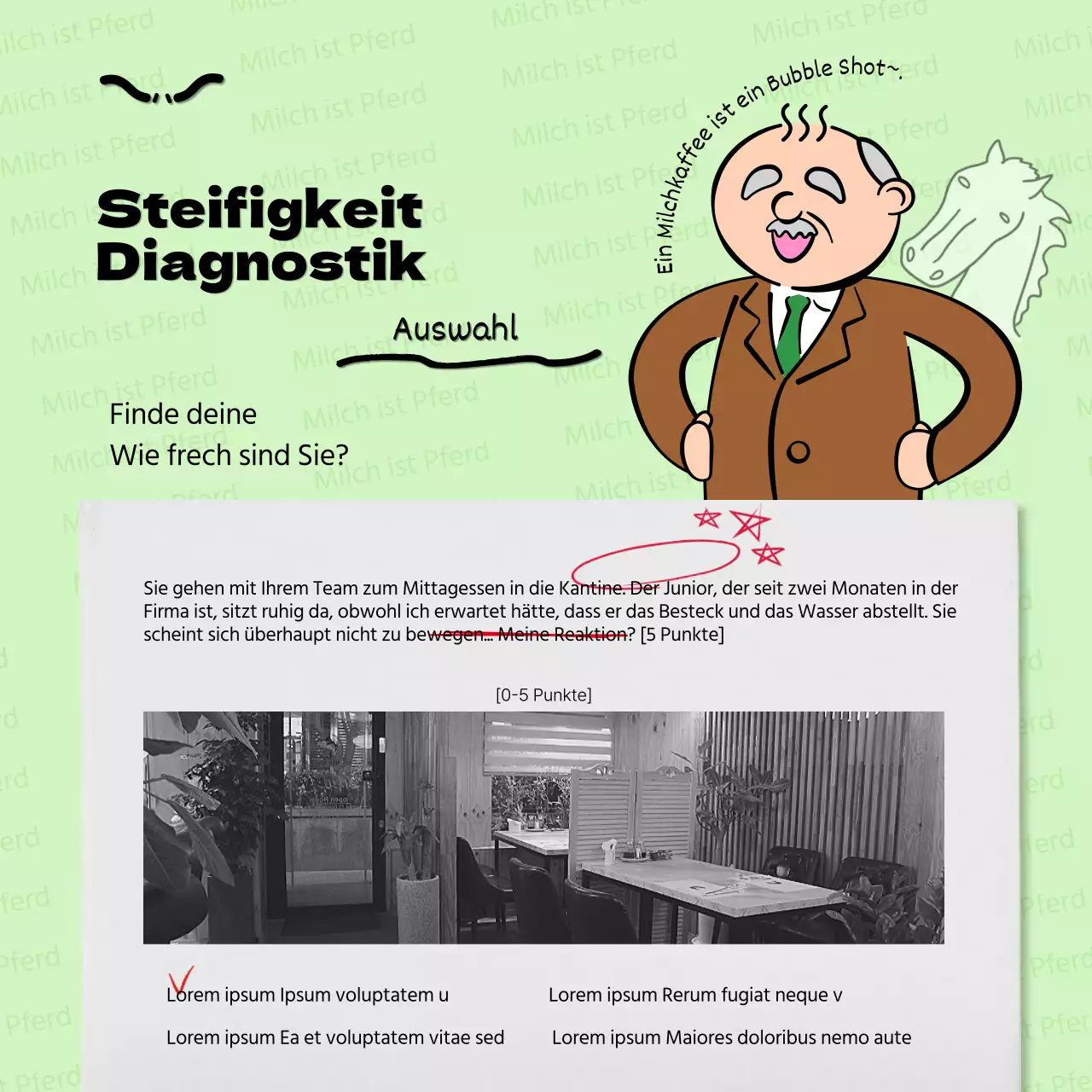 Werbung für den Gag Level Test in Rot und Schwarz