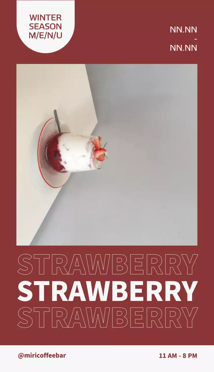 Papan nama menu musiman dengan foto dan tulisan latte stroberi dengan latar belakang merah-putih