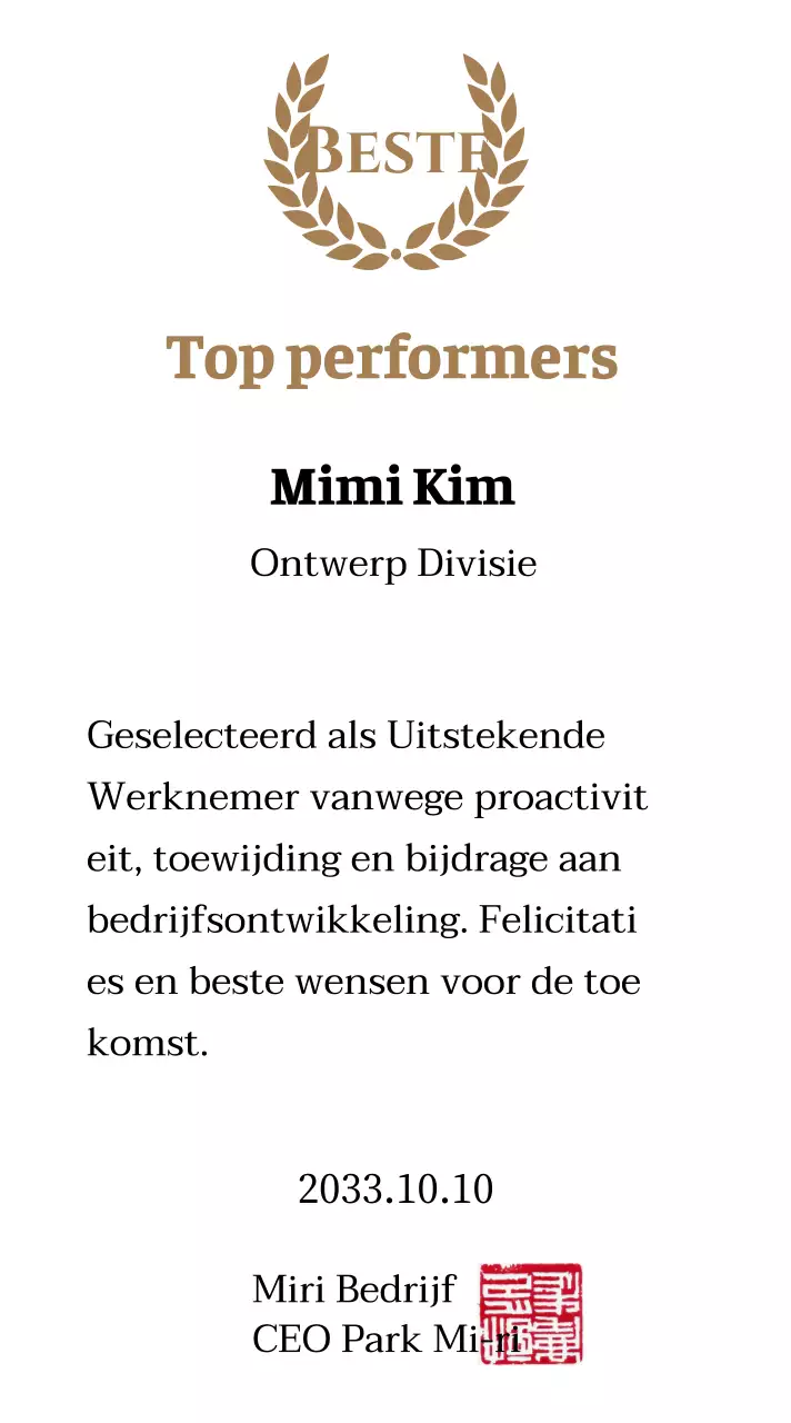 Luxe bedankbord met gouden lauweren en stempel