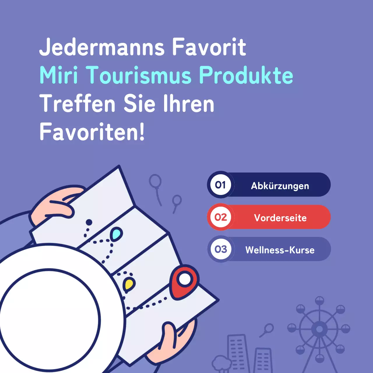 Werbung für lokale Tourismusprodukte in Lila und Marineblau