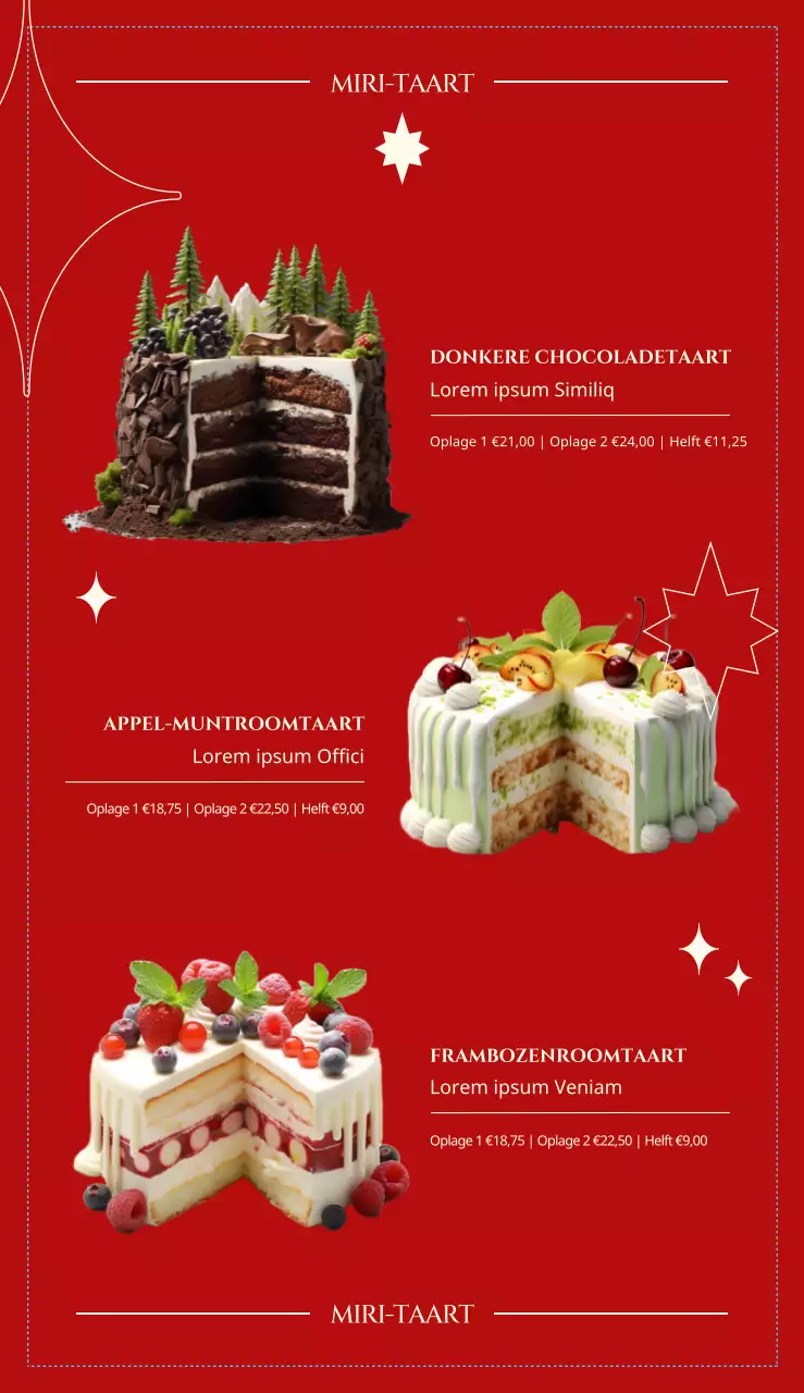 Taart dessert café menu in rood en groen voor een feestelijk gevoel, met vet Engels lettertype lay-out en grafische elementen.