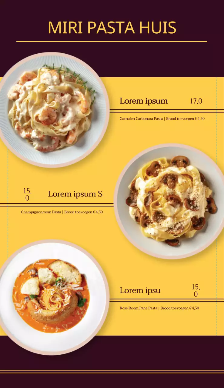 Schoon Italiaans deegwarenrestaurantmenu met bruine en gele fotorealistische deegwarenbeelden