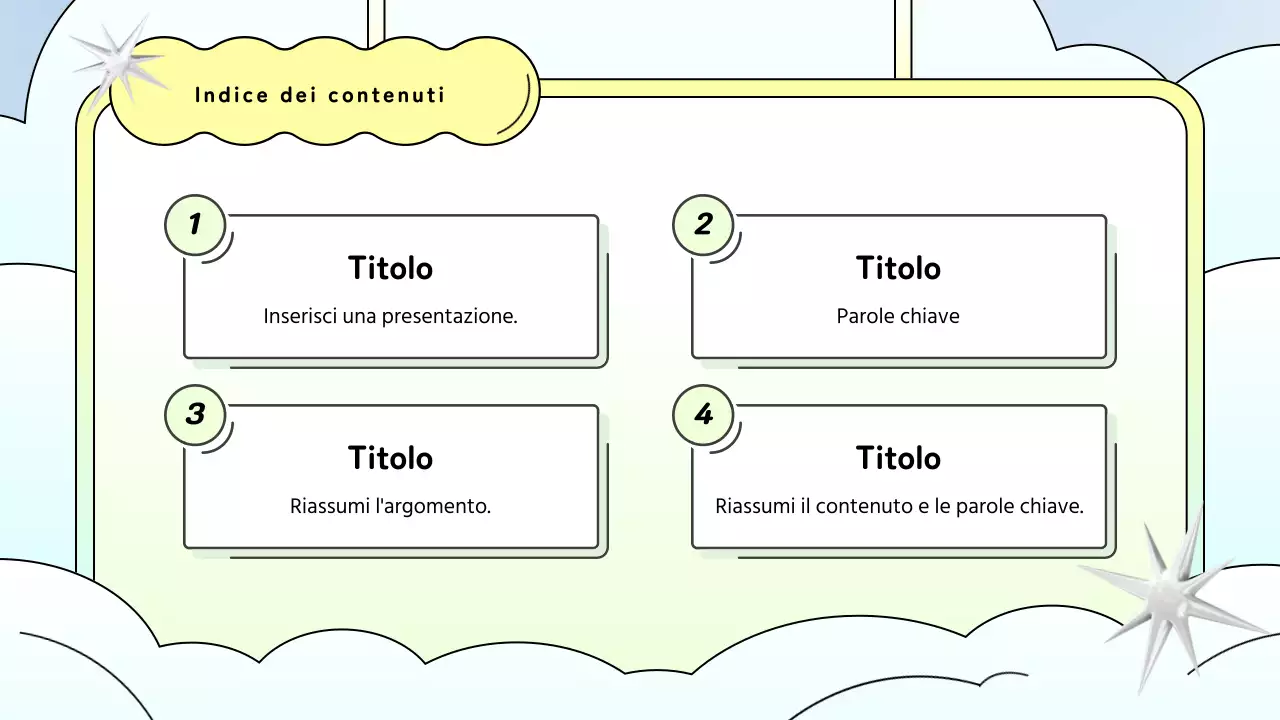 Presentazione di una proposta con sfondo giallo e blu chiaro, in stile kitsch