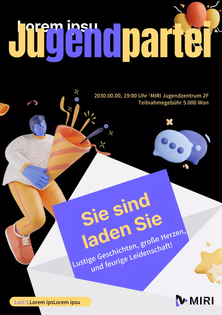 Kitschige Jugendparty-Einladung in Gelb und Blau