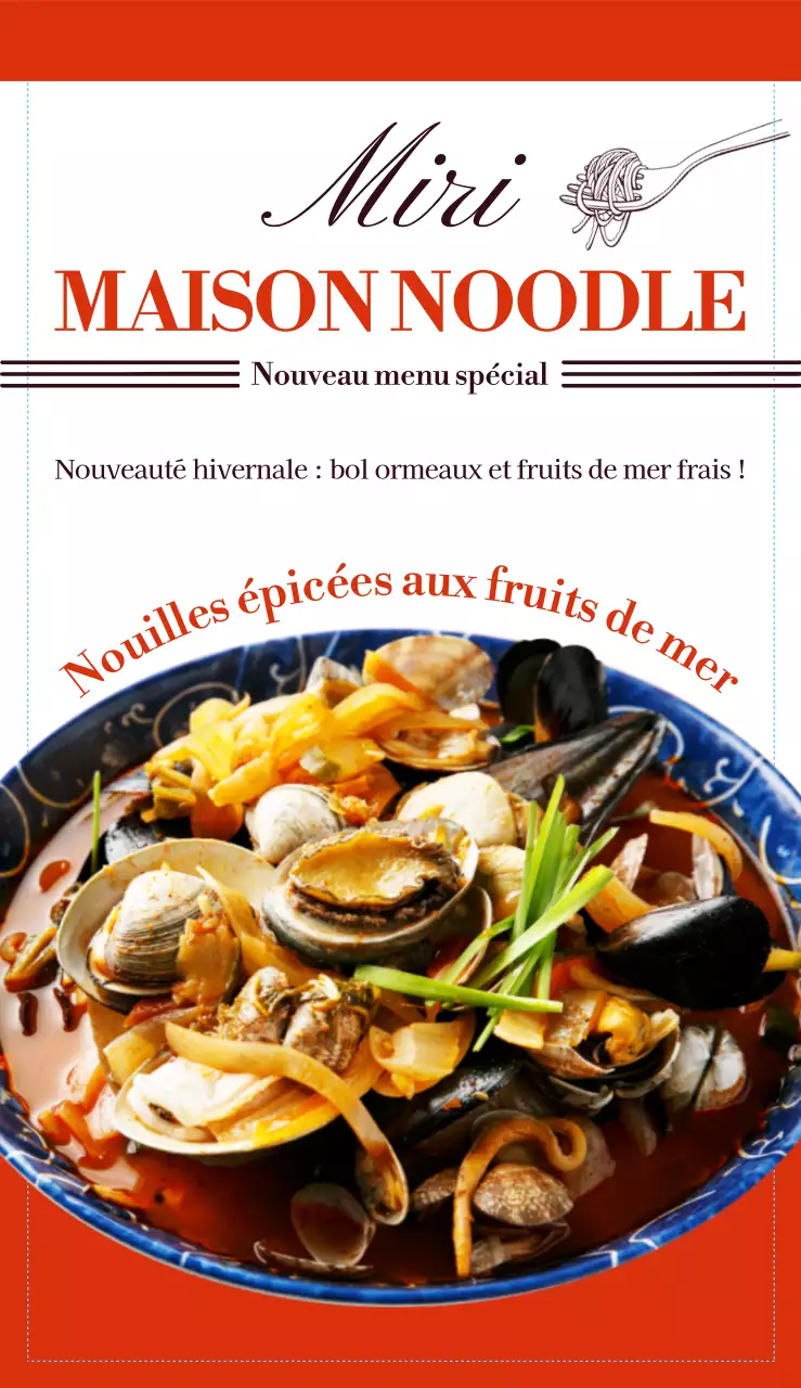 Menu d'un restaurant de nouilles avec une police de caractères et des images d'aliments épurées et des accents de couleur orange.