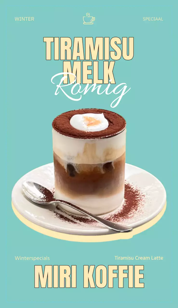 Café Tiramisu latte en dessertkaart met mint en geel kleurenschema en zachte conceptuele Engelse tekst