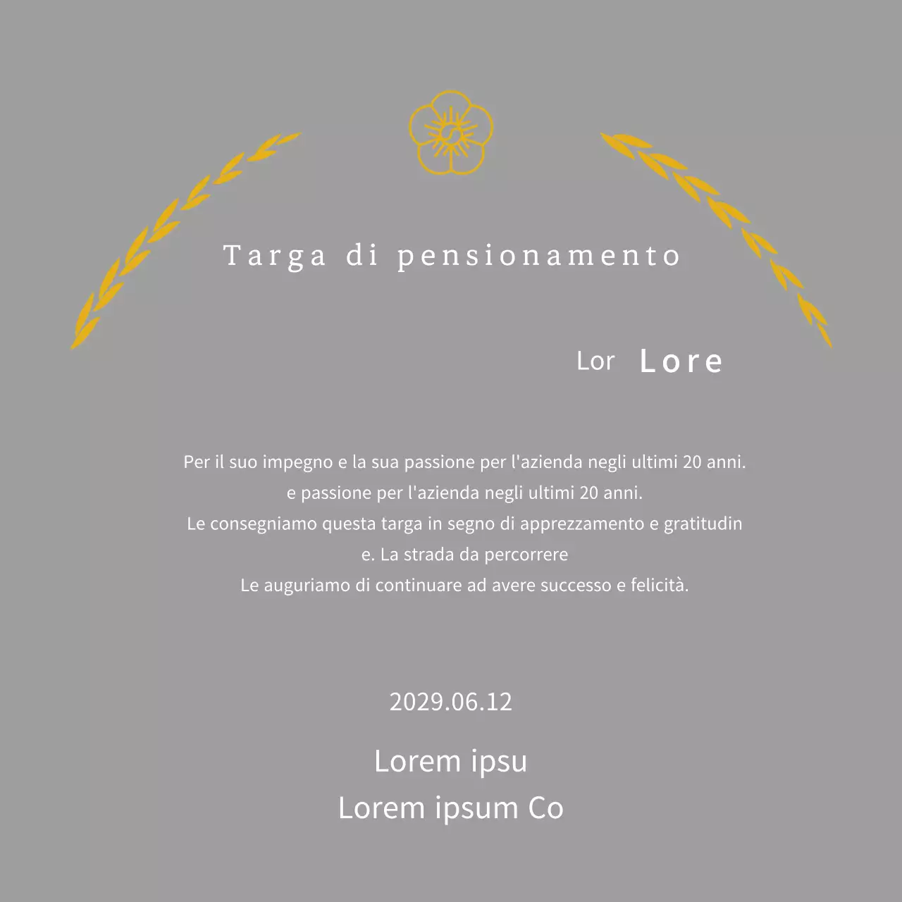 Targa di ringraziamento con foglie di alloro e fiori di linea