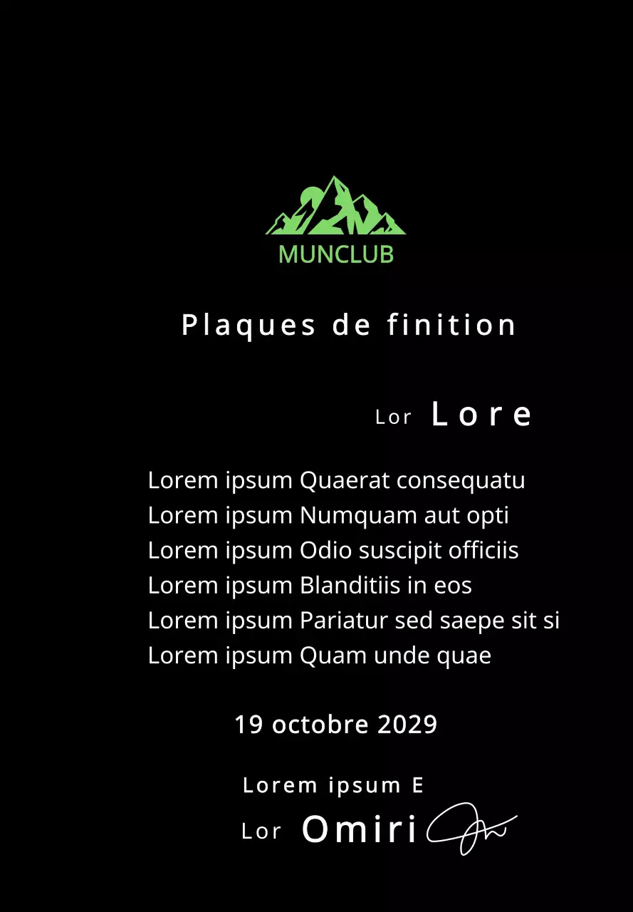 Plaque de finisher d'un club de montagne avec logo du club, illustration d'une montagne verte