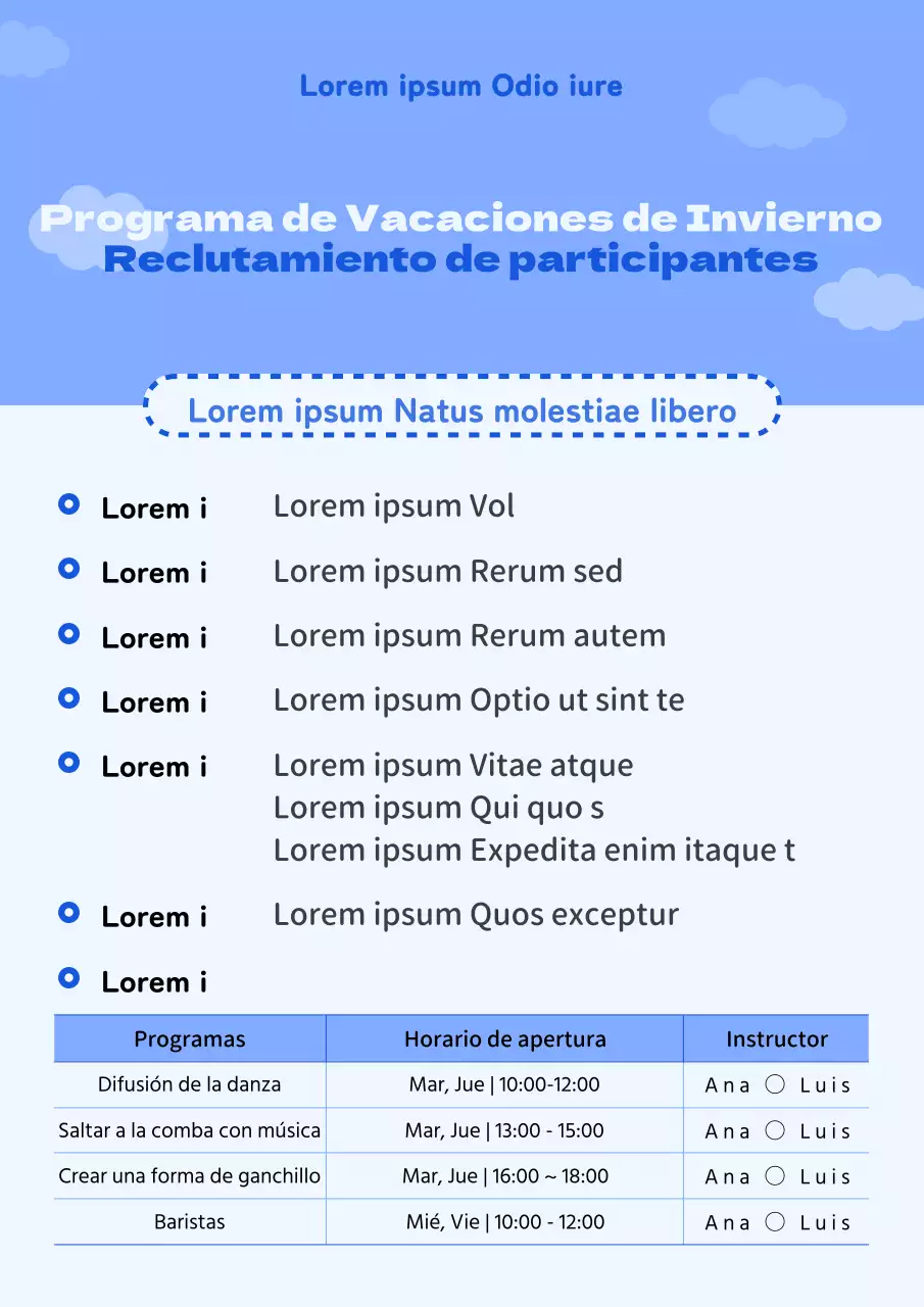 Un sencillo programa azul y blanco de vacaciones de invierno para fomentar la contratación