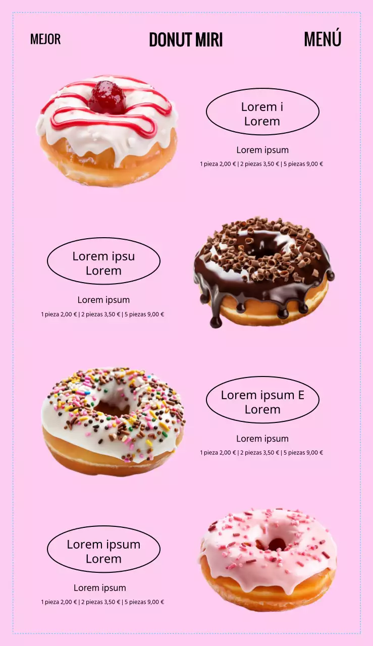 Carta de postre de donut con fuentes en negrita, diseño de imagen de donut y elementos gráficos rítmicos