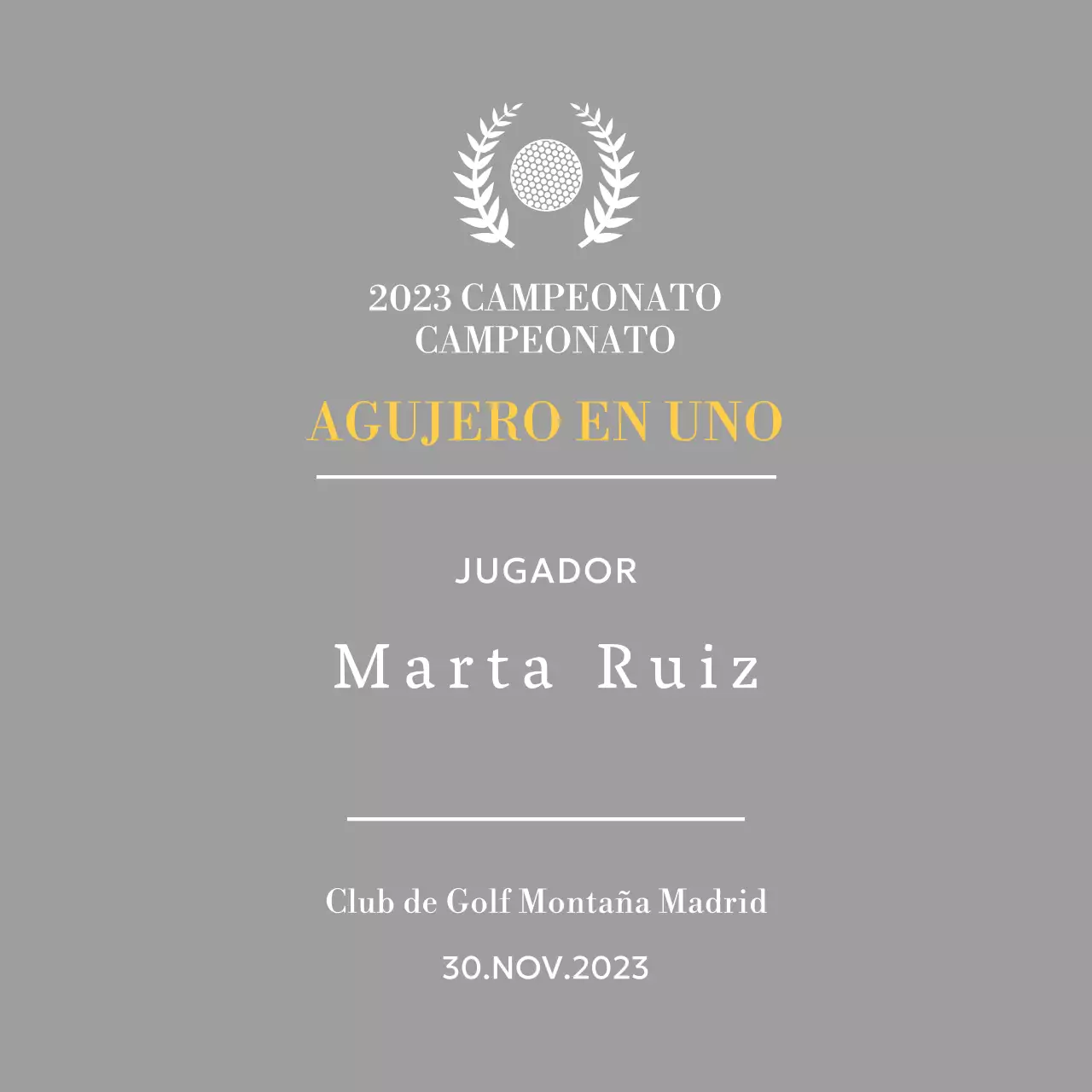 Placa de ganador de hoyo en uno con bola de golf e ilustración de corona de laurel