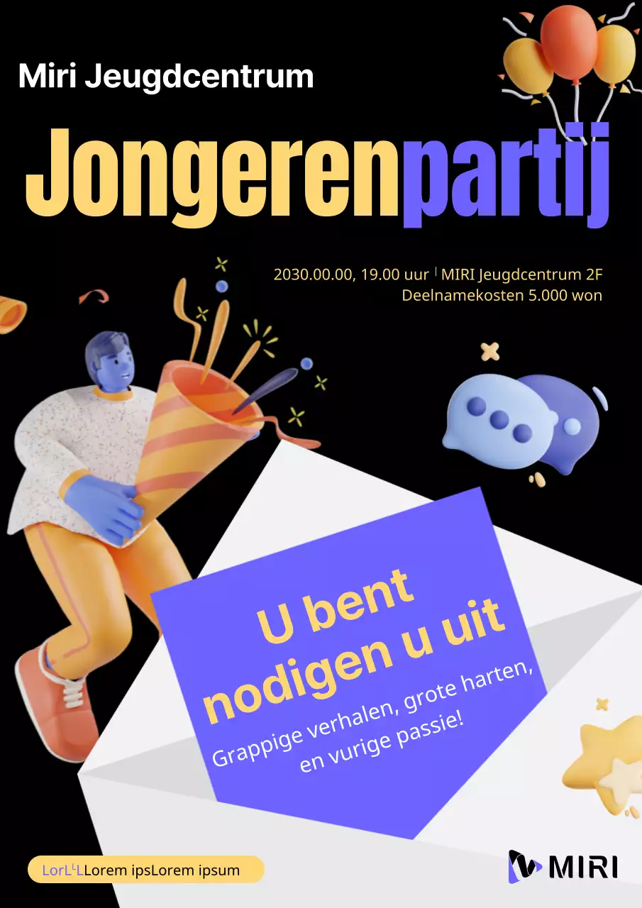 Kitscherige uitnodiging voor jeugdfeest in geel en blauw