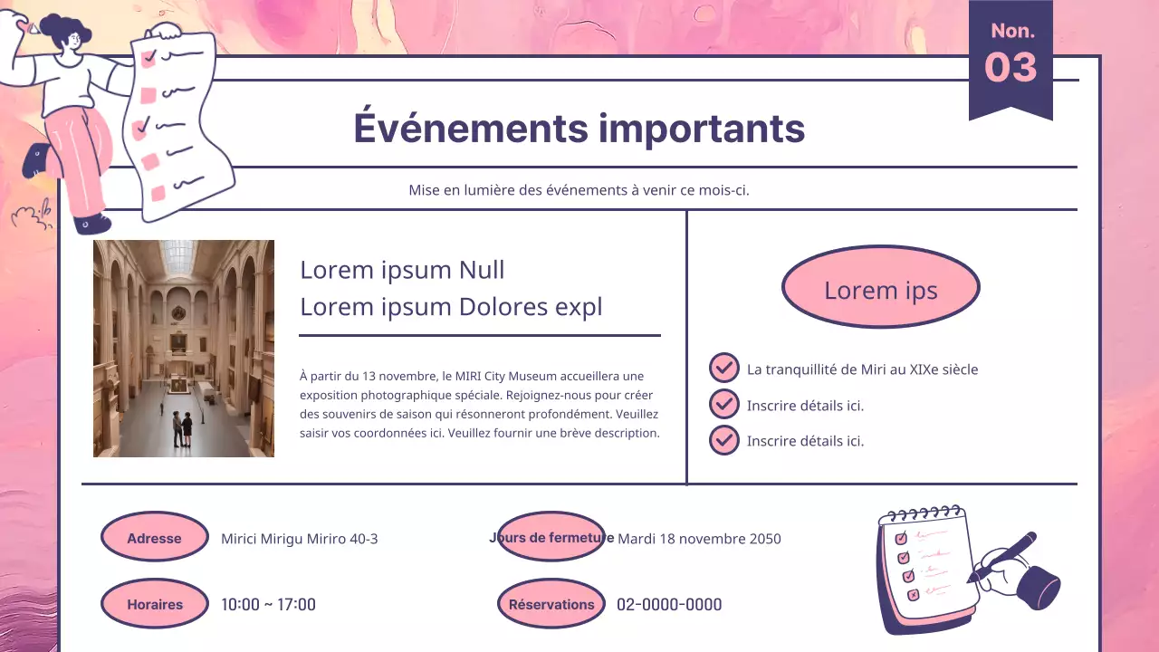 Un guide d'information sur le tourisme culturel moderne en rose et violet