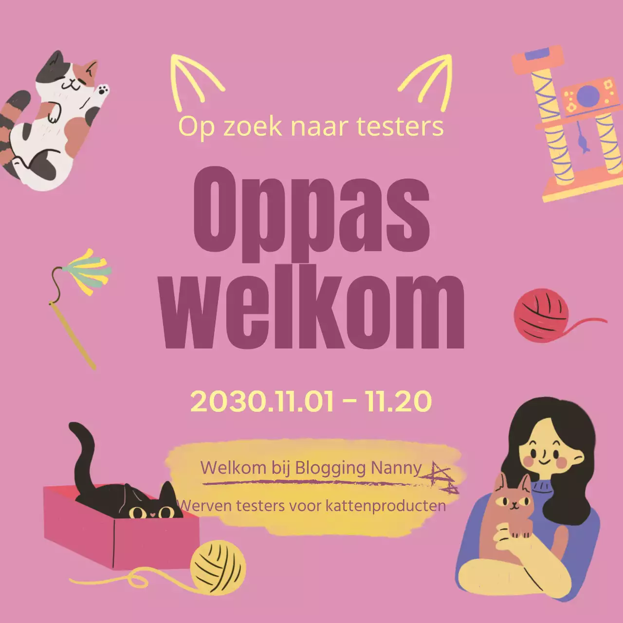 Bevorder de werving van een team van roze en gele kattenbakvulling recensenten.