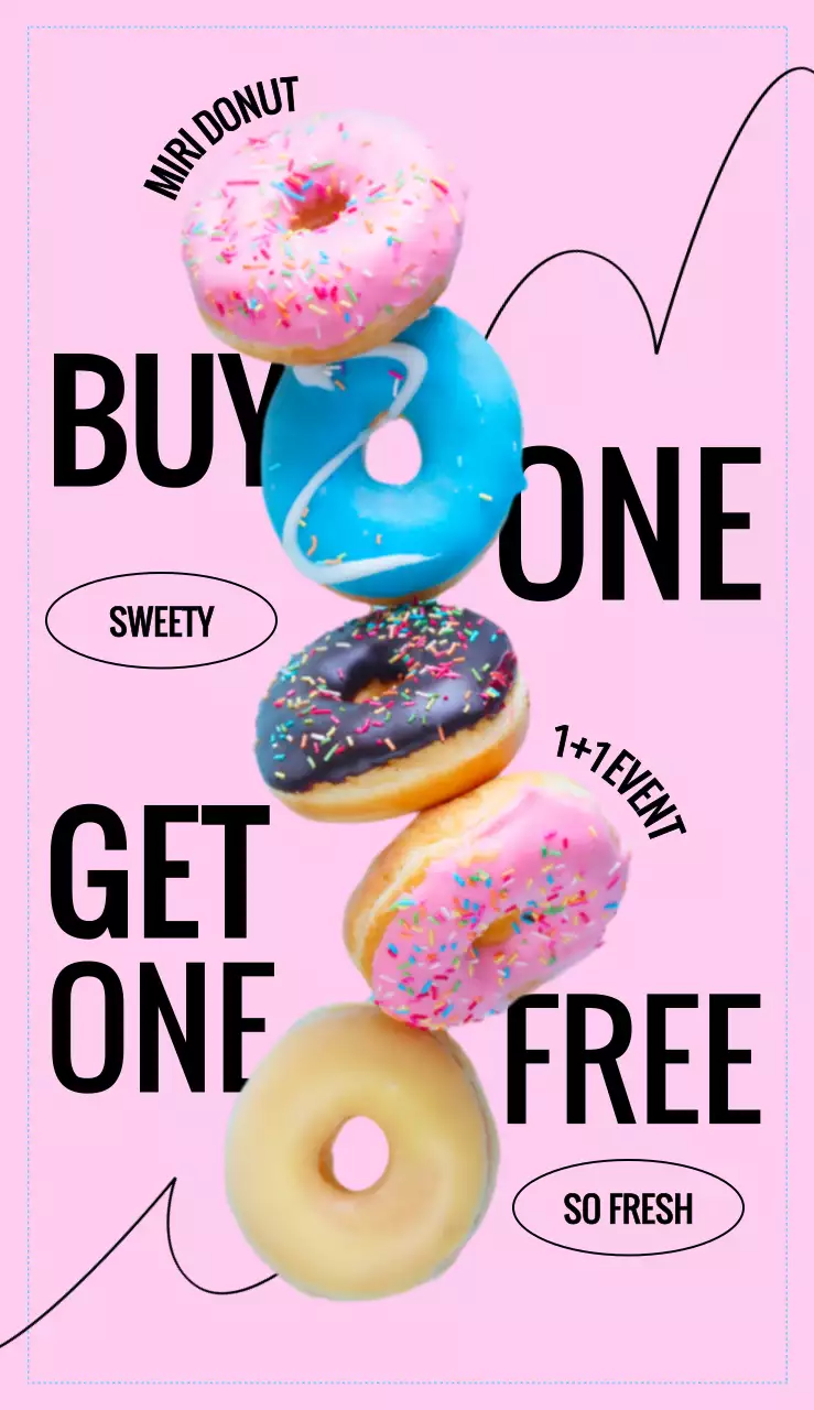 Menu kafe hidangan penutup donat dengan font tebal, tata letak gambar donat, dan elemen grafis yang berirama