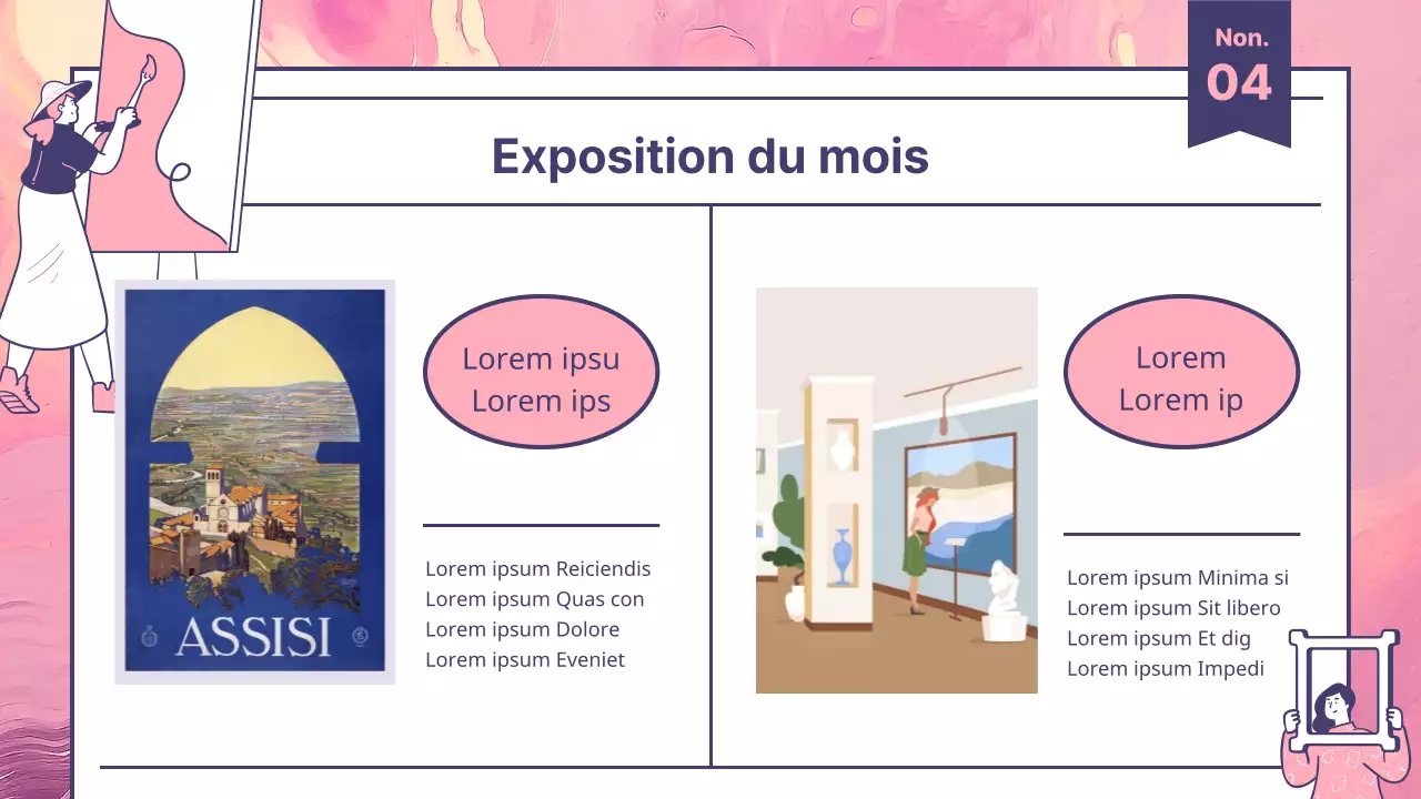 Un guide d'information sur le tourisme culturel moderne en rose et violet
