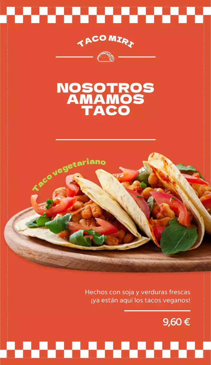 Menú de restaurante de tacos con vivos colores naranja, elementos gráficos e imágenes fotorrealistas de tacos.