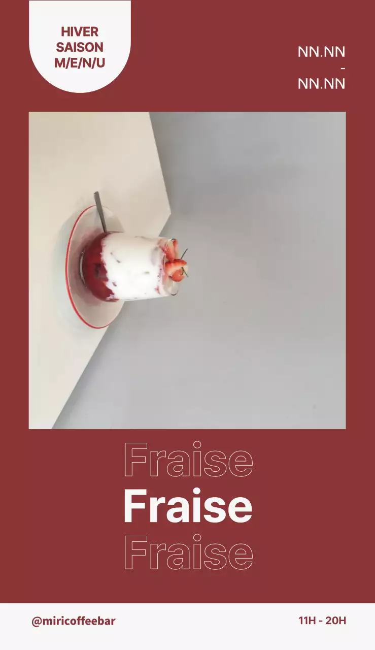 Menus saisonniers avec des photos et des lettres de latte à la fraise sur fond rouge et blanc