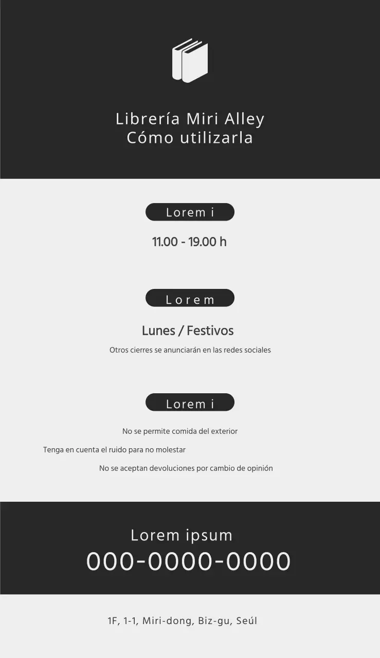 Señalización de la librería con el logotipo del libro sobre fondo gris