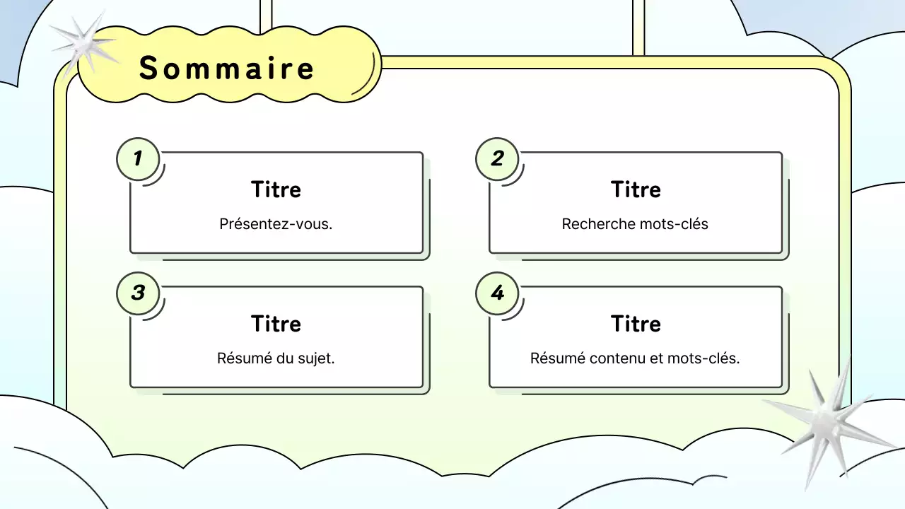 Présentation d'une proposition sur fond bleu clair et jaune.