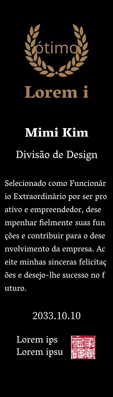 Placa de agradecimento luxuosa com louros dourados e carimbo