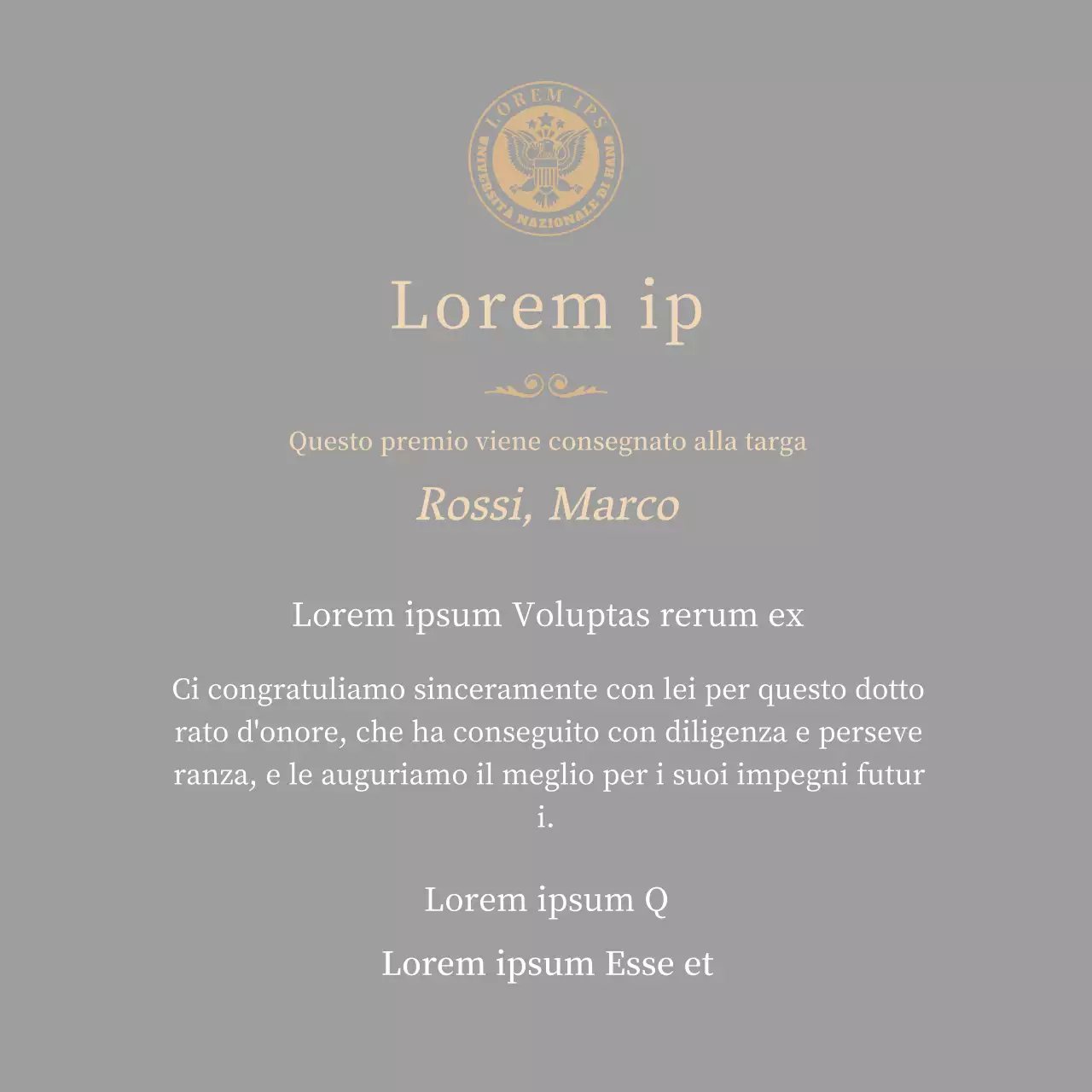 Lussuosa targa di laurea con logo della scuola e finiture in oro