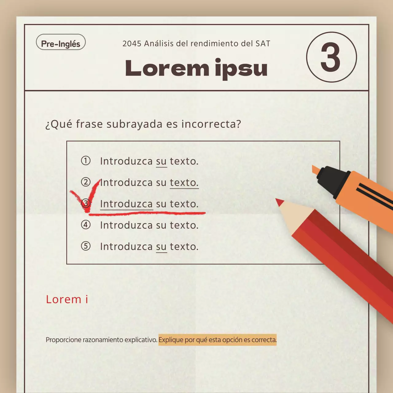 Un sencillo informe beige y rojo de análisis de tendencias de los exámenes SAT para academias