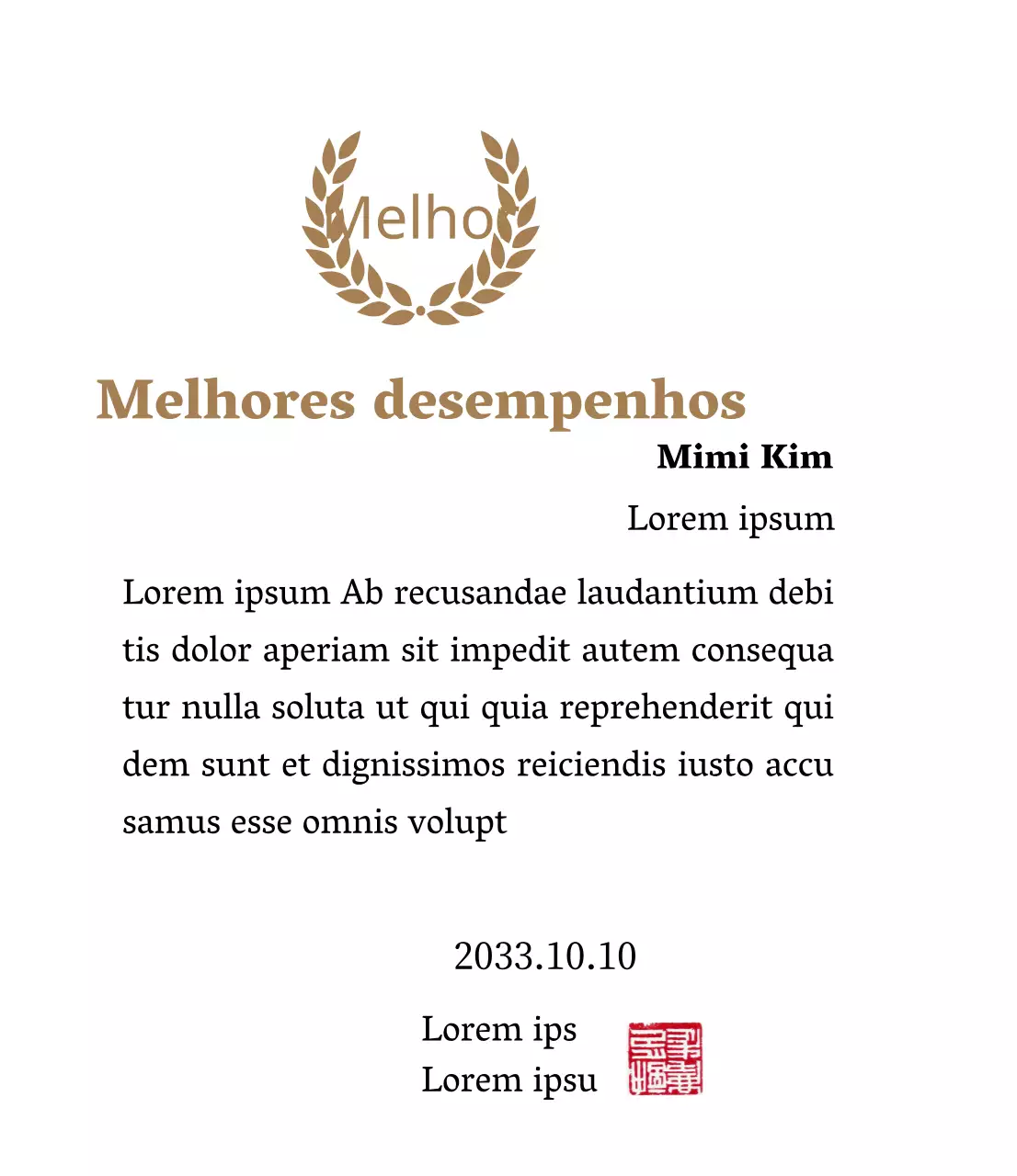 Placa de agradecimento luxuosa com louros dourados e carimbo