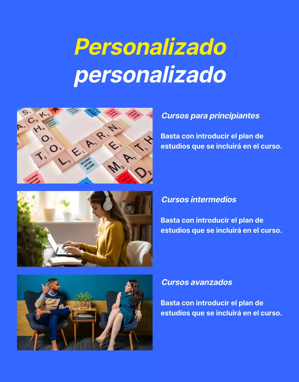 Promociona una oferta kitsch de clases de inglés en azul y amarillo