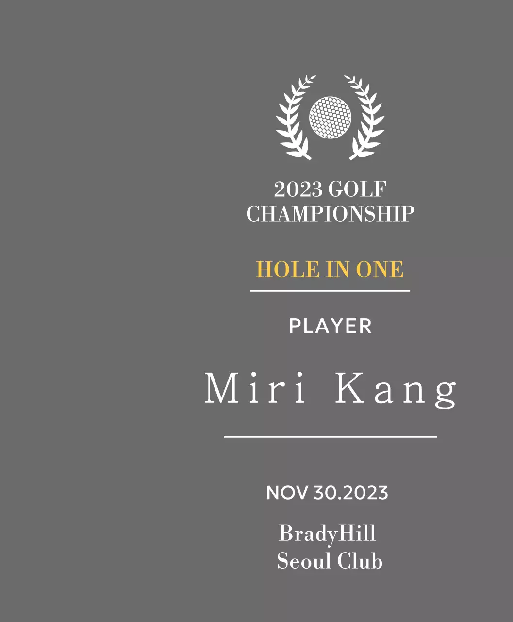 Plakat pemenang pemain golf hole-in-one dengan ilustrasi bola golf dan pohon salam