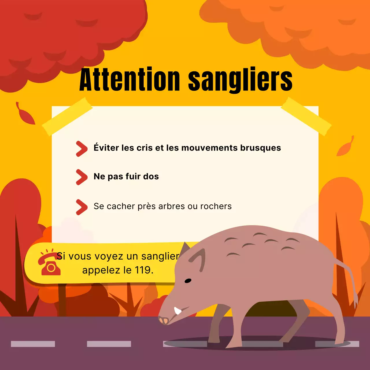 Un guide pour la sécurité de la faune naturelle en orange et jaune