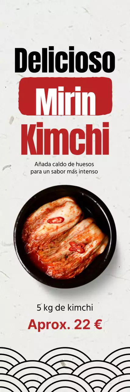 Promocione un menú limpio de kimchi con una imagen de kimchi de col sobre un fondo de papel coreano blanquecino.