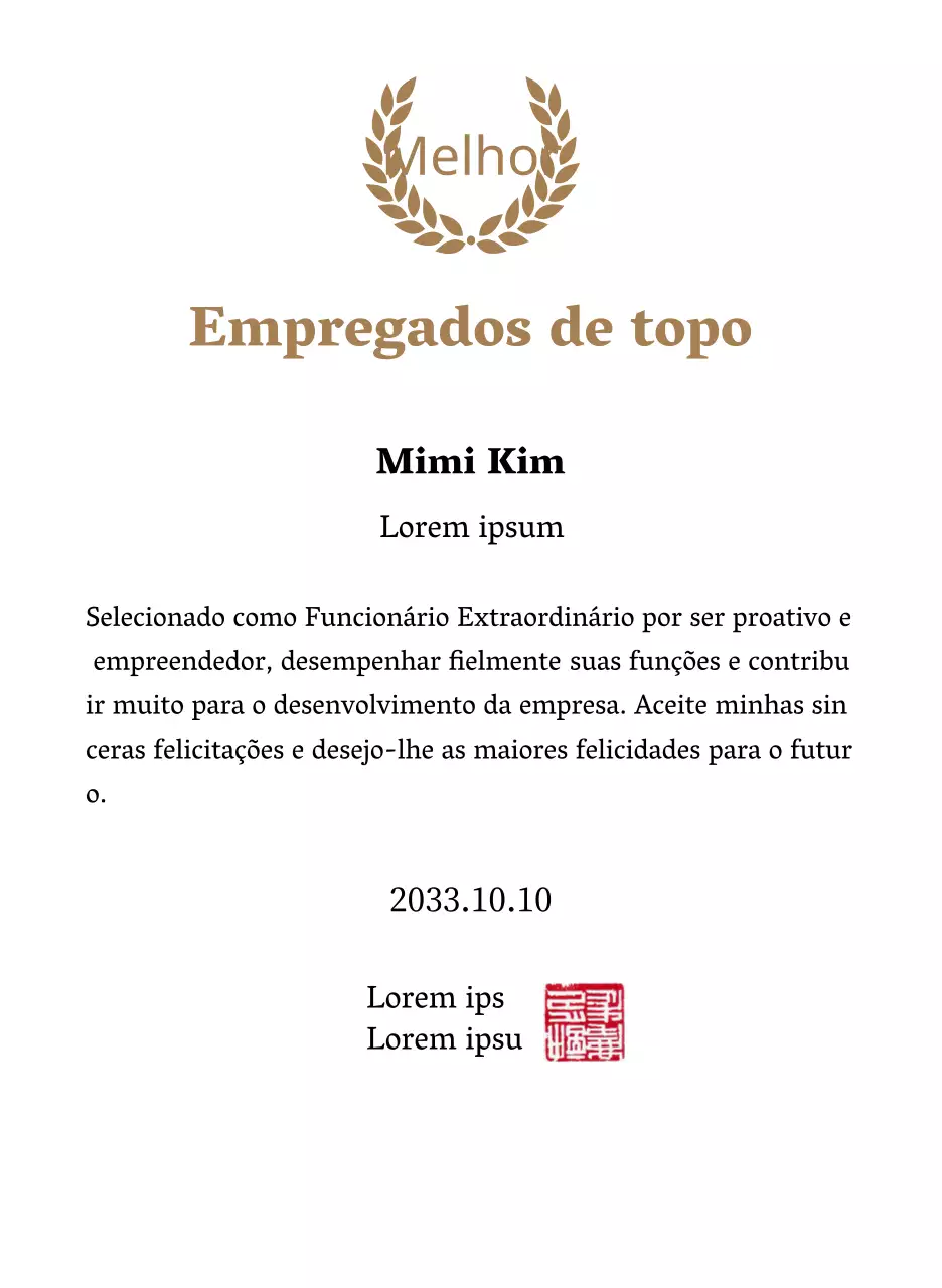 Placa de agradecimento luxuosa com louros dourados e carimbo