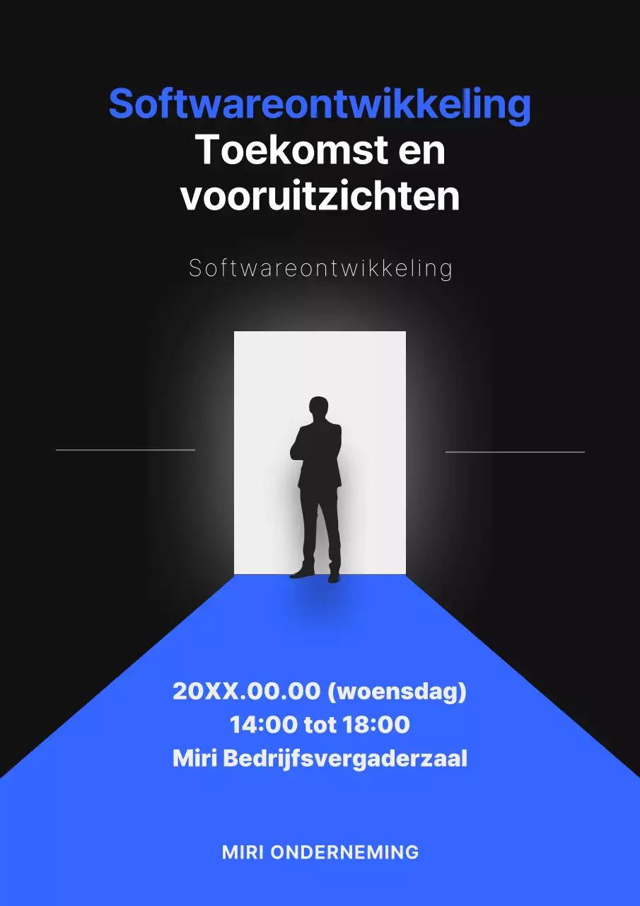 Promoot een ontwikkelingsconferentie met een moderne deur in blauw.