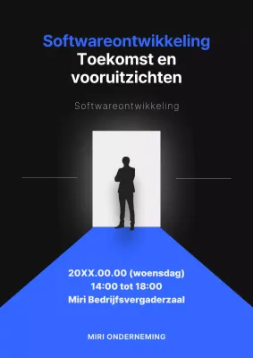 Promoot een ontwikkelingsconferentie met een moderne deur in blauw.