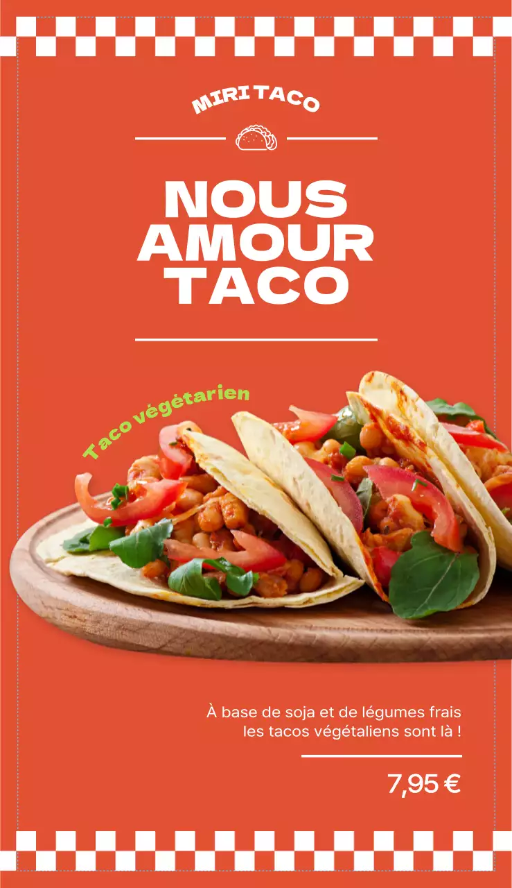 Menu de restaurant de tacos avec des couleurs orange vives, des éléments graphiques et des images réalistes de tacos.