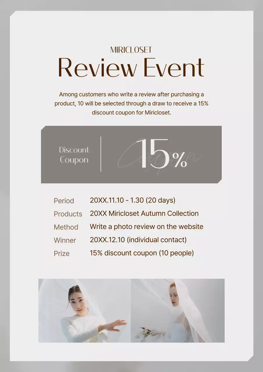 A simple white and gray review to promote your event