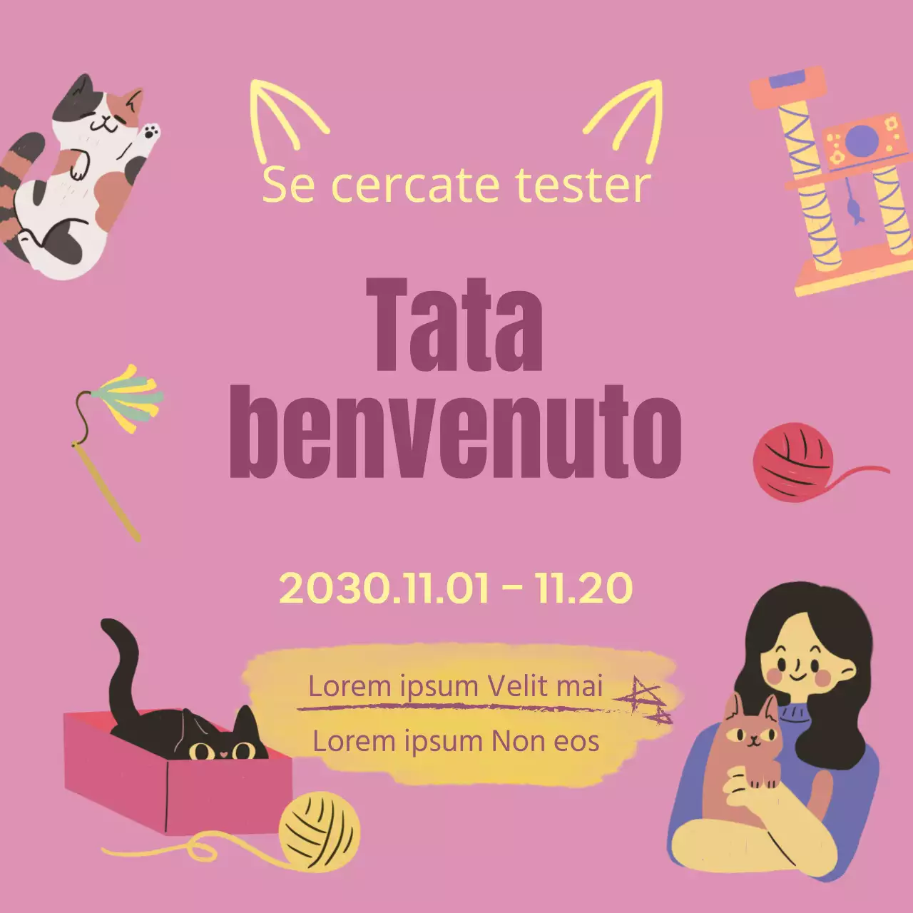 Promuovere il reclutamento di un team di recensori di lettiere per gatti rosa e gialle.