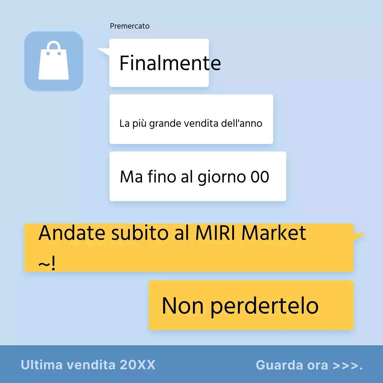 Parodia di un annuncio di vendita in azzurro e giallo