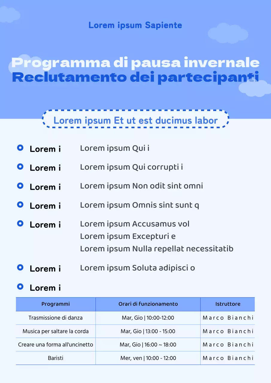 Un semplice programma di pausa invernale blu e bianco per promuovere il reclutamento