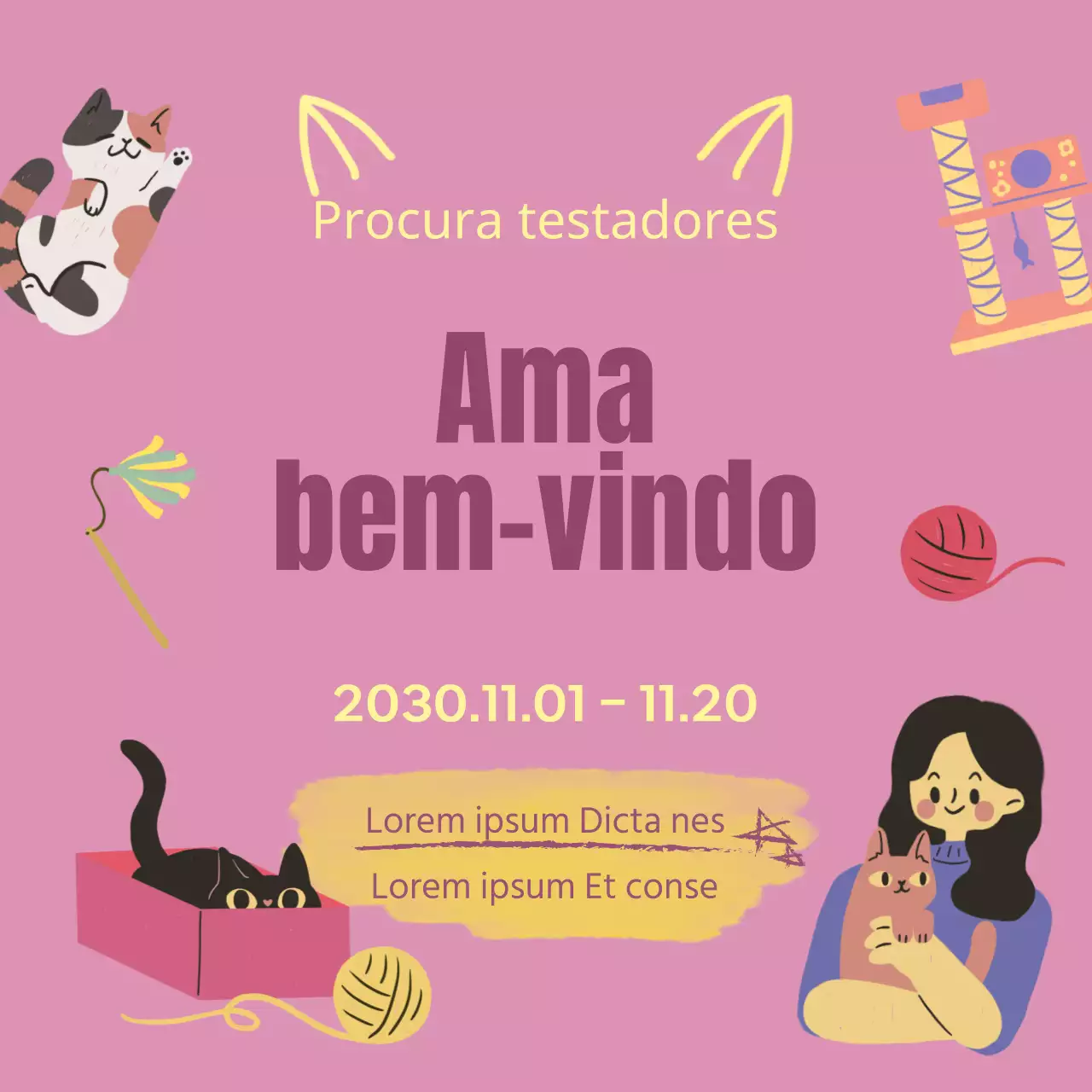 Promover o recrutamento de uma equipa de revisores de areia para gatos cor-de-rosa e amarela.