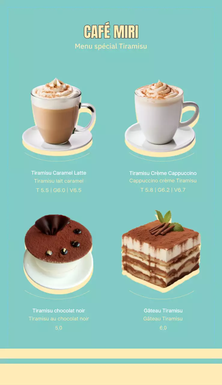 Carte des desserts et du café Tiramisu latte avec une palette de couleurs jaune et menthe et un texte conceptuel en anglais.