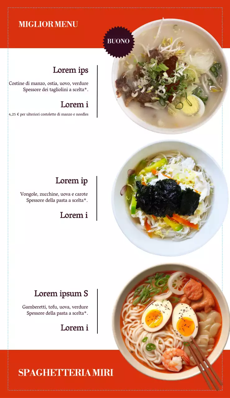 Menu del ristorante di noodle con layout pulito di font e immagini di cibo e accenti di colore arancione