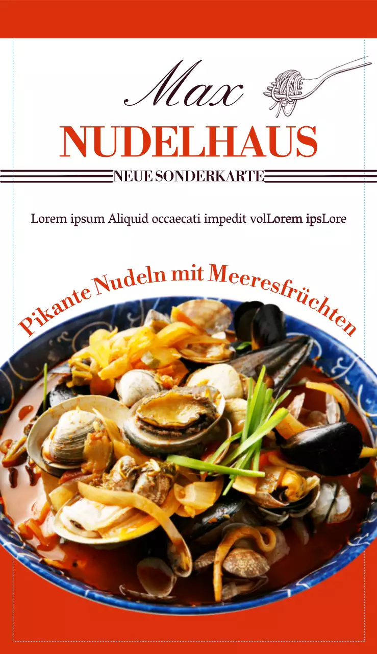 Speisekarte für ein Nudelrestaurant mit klarer Schrift und Bildgestaltung und orangefarbenen Farbakzenten