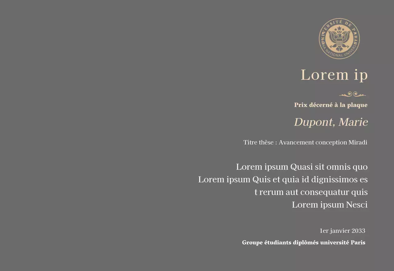 Plaque de diplôme luxueuse avec logo de l'école et bordure dorée