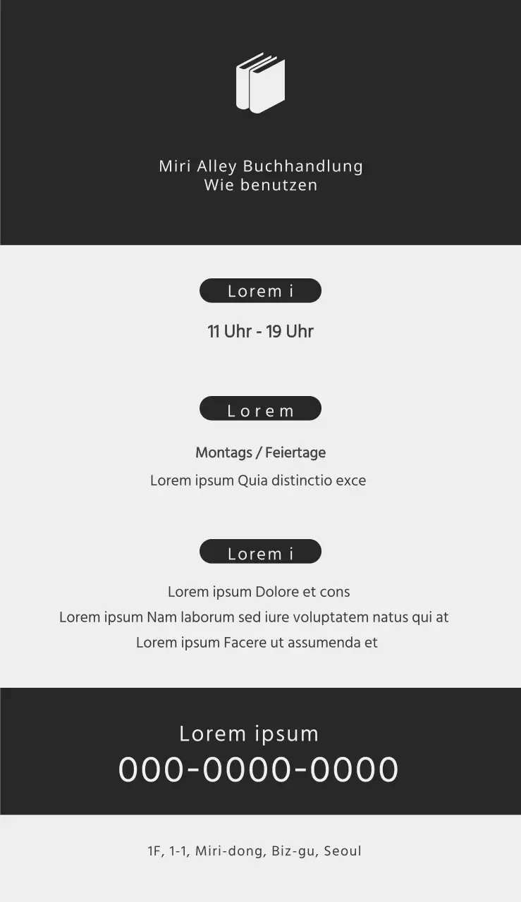 Die Beschilderung der Buchhandlung hebt das Buchlogo auf grauem Hintergrund hervor.