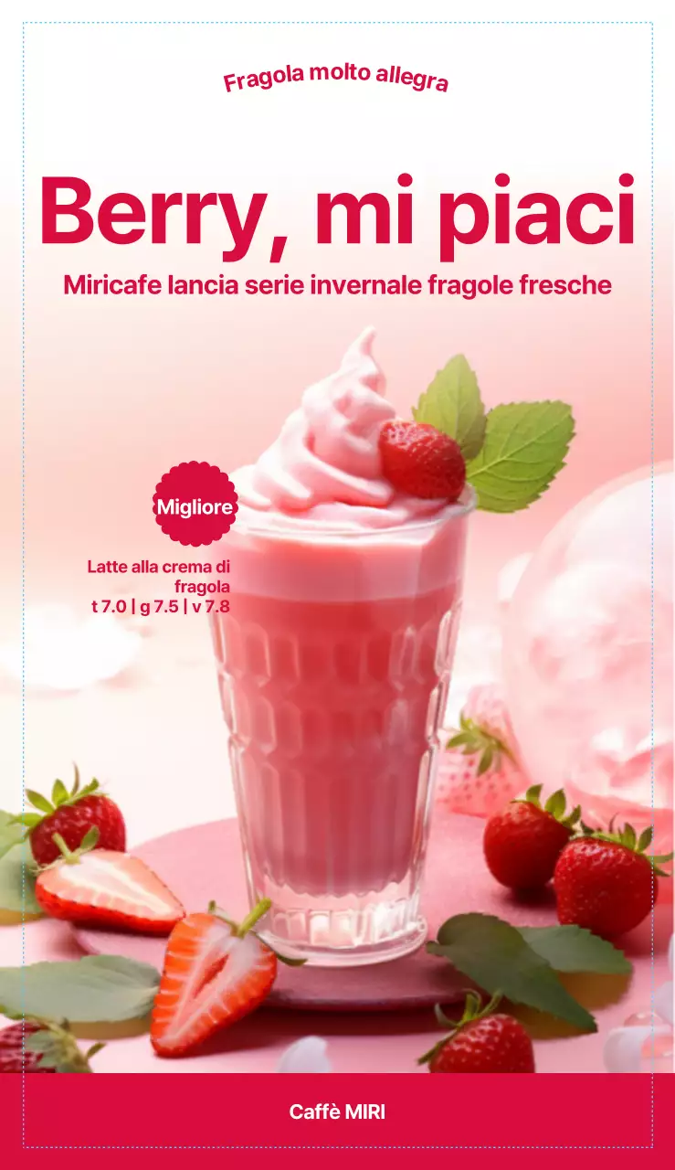 Il nuovo menu del caffè è caratterizzato da un colore principale rosso e da un layout ed elementi grafici con foto di bevande e dessert alla fragola.