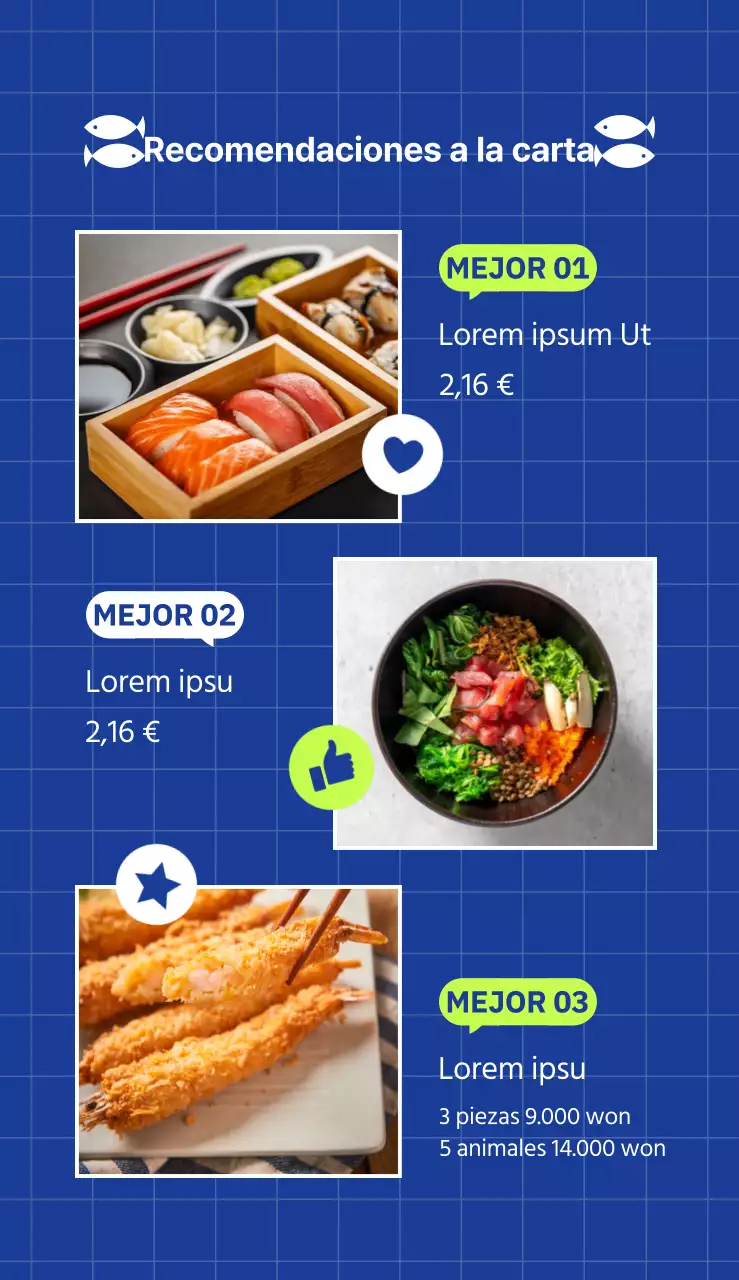 Un menú japonés sencillo y caprichoso en azul y chartreuse