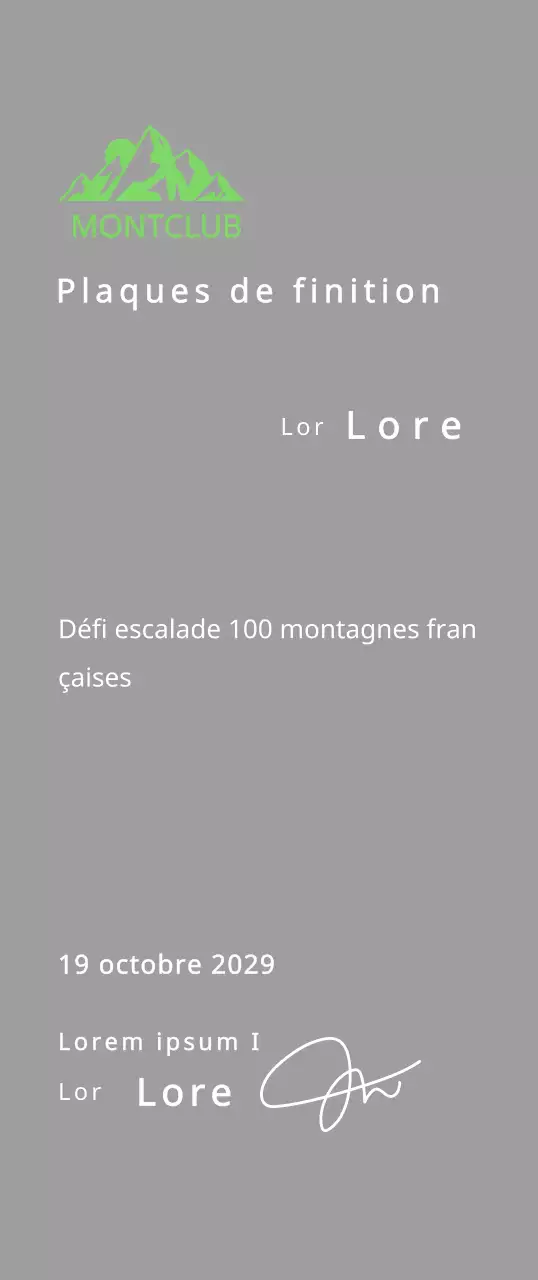 Plaque de finisher d'un club de montagne avec logo du club, illustration d'une montagne verte