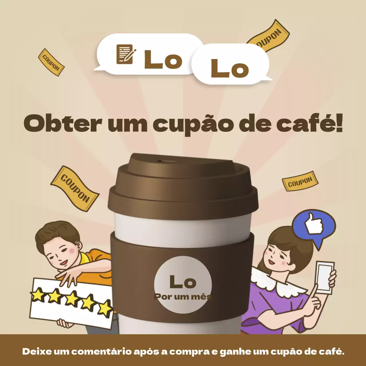 Promover um evento de revisão de cupões de café retro em castanho e bege
